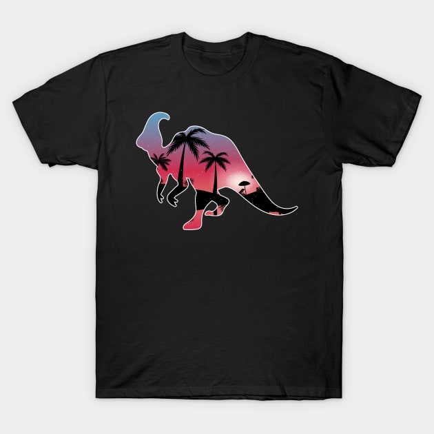 Dinosaurs Beautiful Sunset Beach Palm Tree T-Shirt by jrgmerschmann